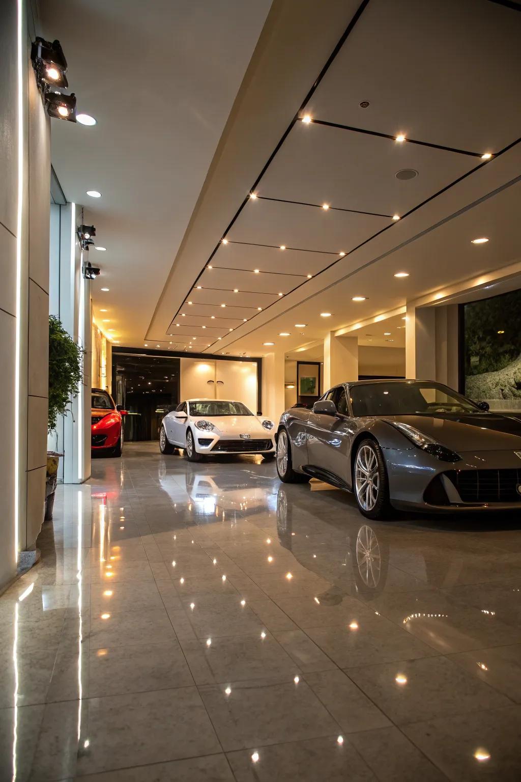 An upscale display area-style garage with polished floors and soft lighting.