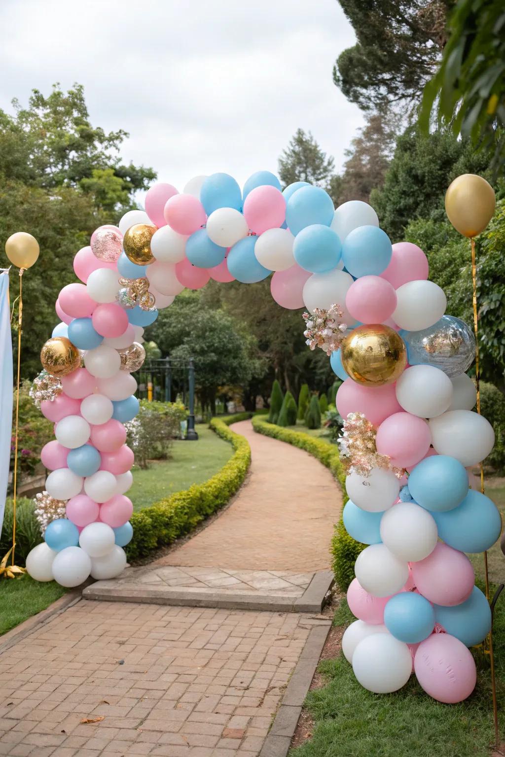 A vivid balloon arch sets the perfect scene for a gender reveal.