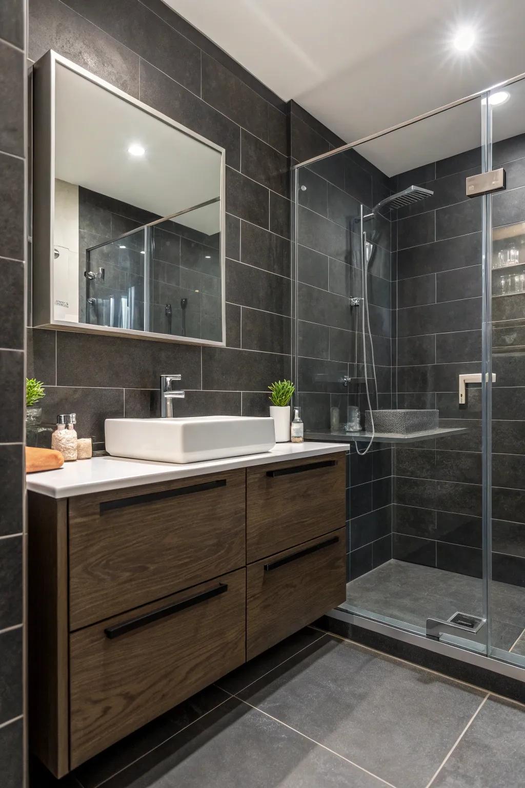 A bathroom exuding sophistication through its dark gray tiling.
