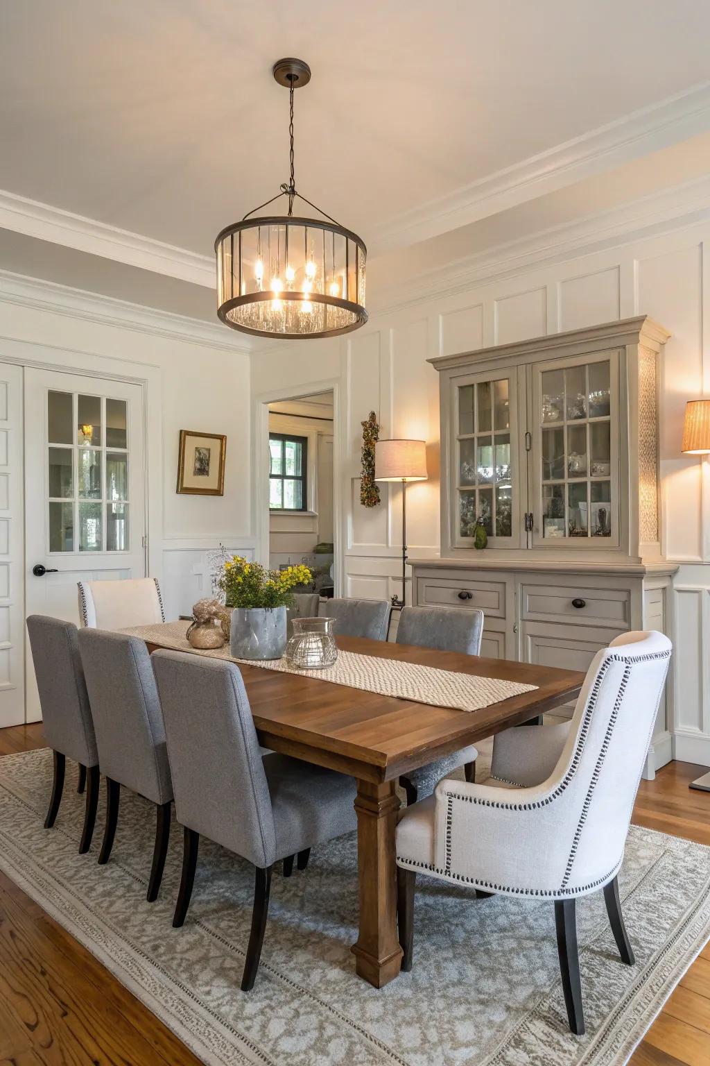 Neutral shades infuse a modern dining room with calm and sophistication.