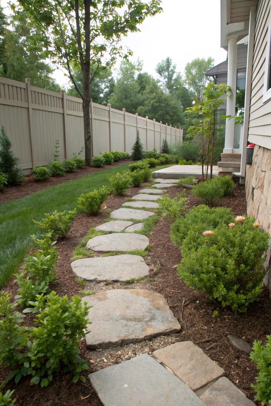 A straightforward stone path beautifully transforms the side of this home into an inviting passage.