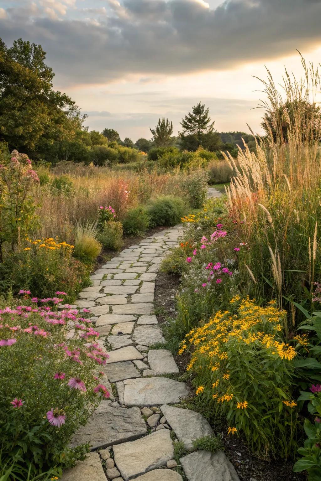 A rustic flagstone path infuses a garden with natural allure.