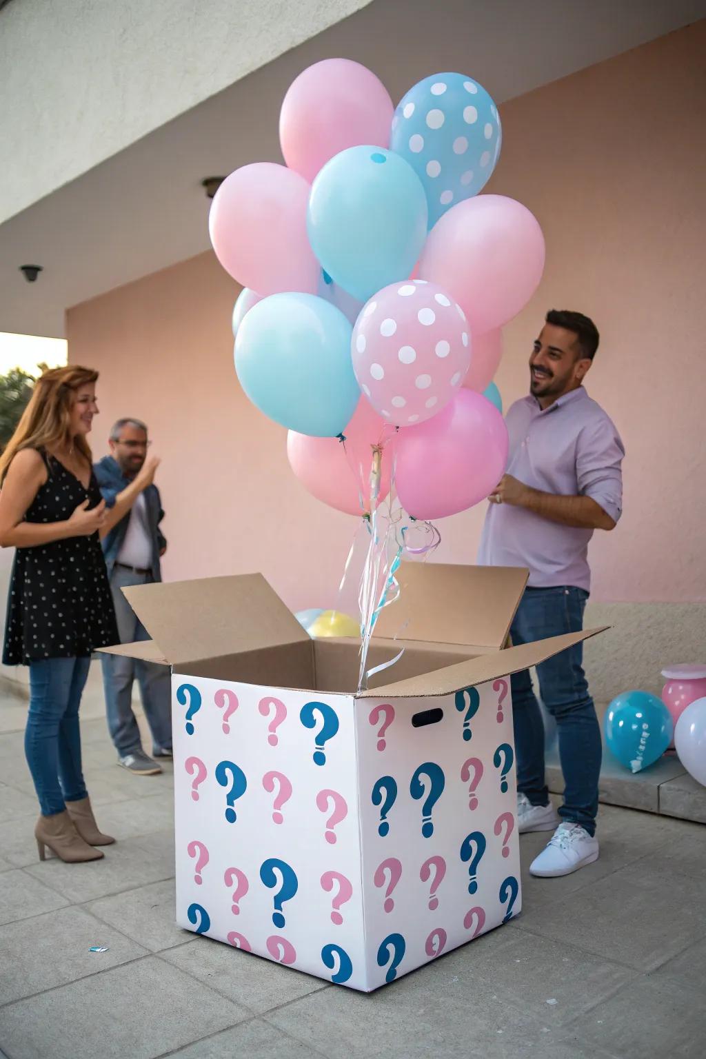 A box filled with balloons sets the stage for a thrilling reveal.