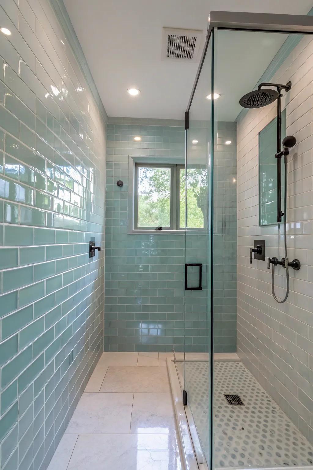 A shower featuring seamless transparent stones, amplifying light and spaciousness.