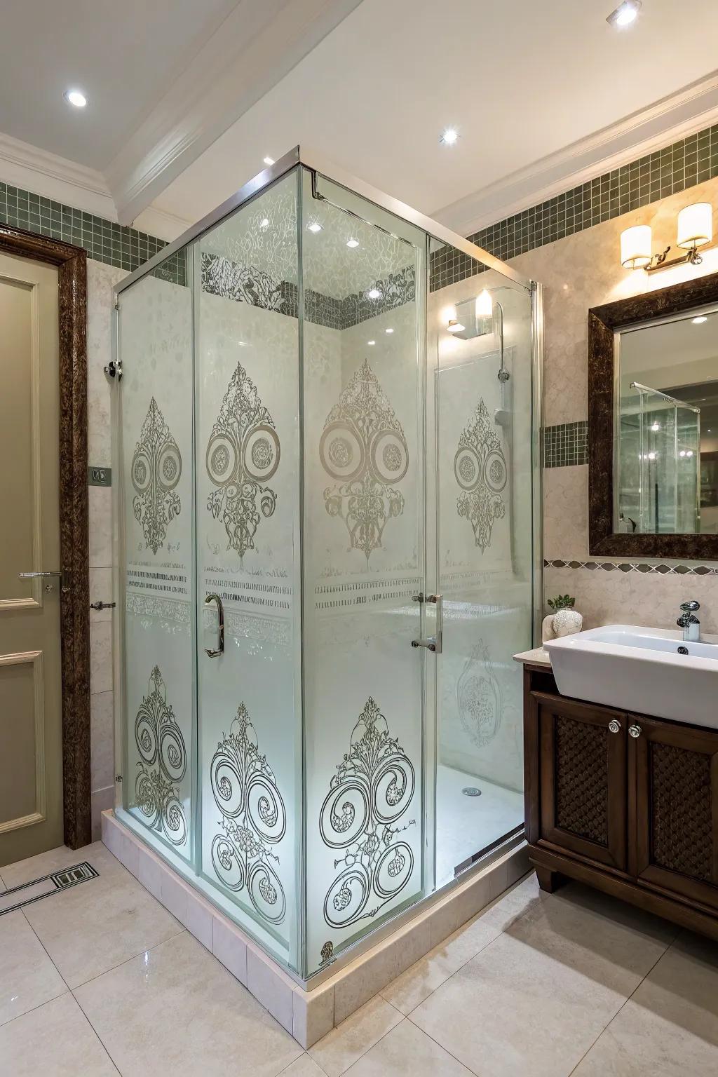 A statement shower cubicle featuring intricate glass design.