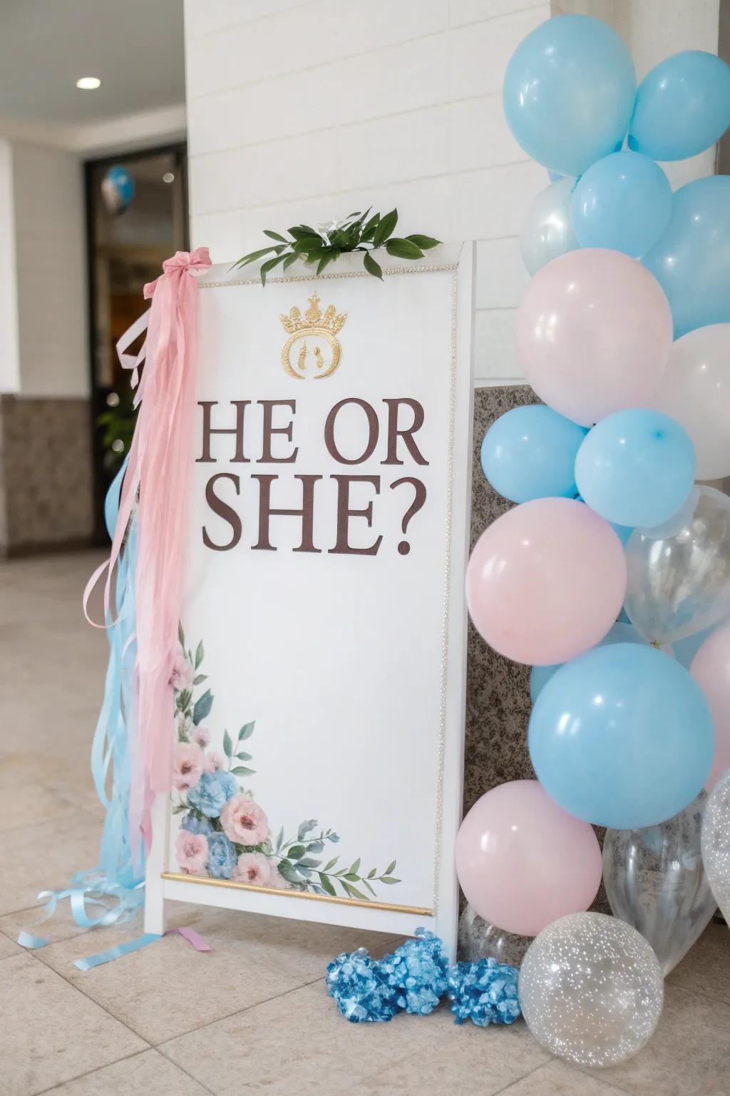 Stylish signage complements the gender reveal theme.