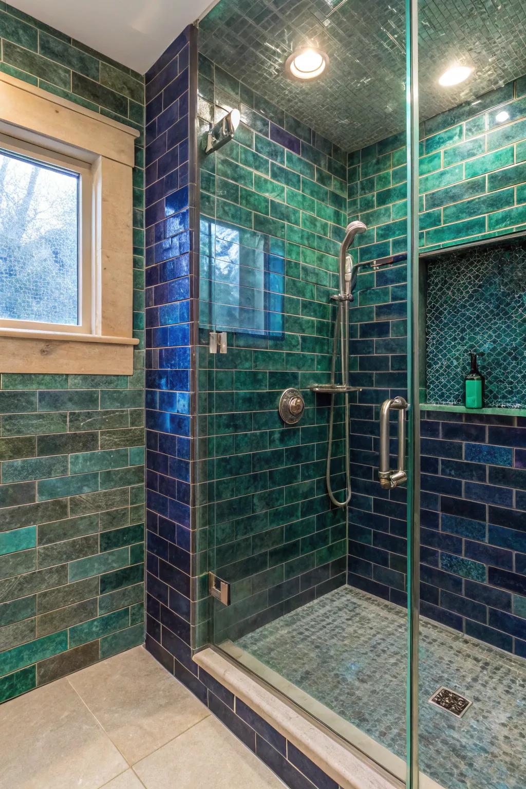 A shower featuring rich gem-toned stones for a vibrant, luxurious atmosphere.