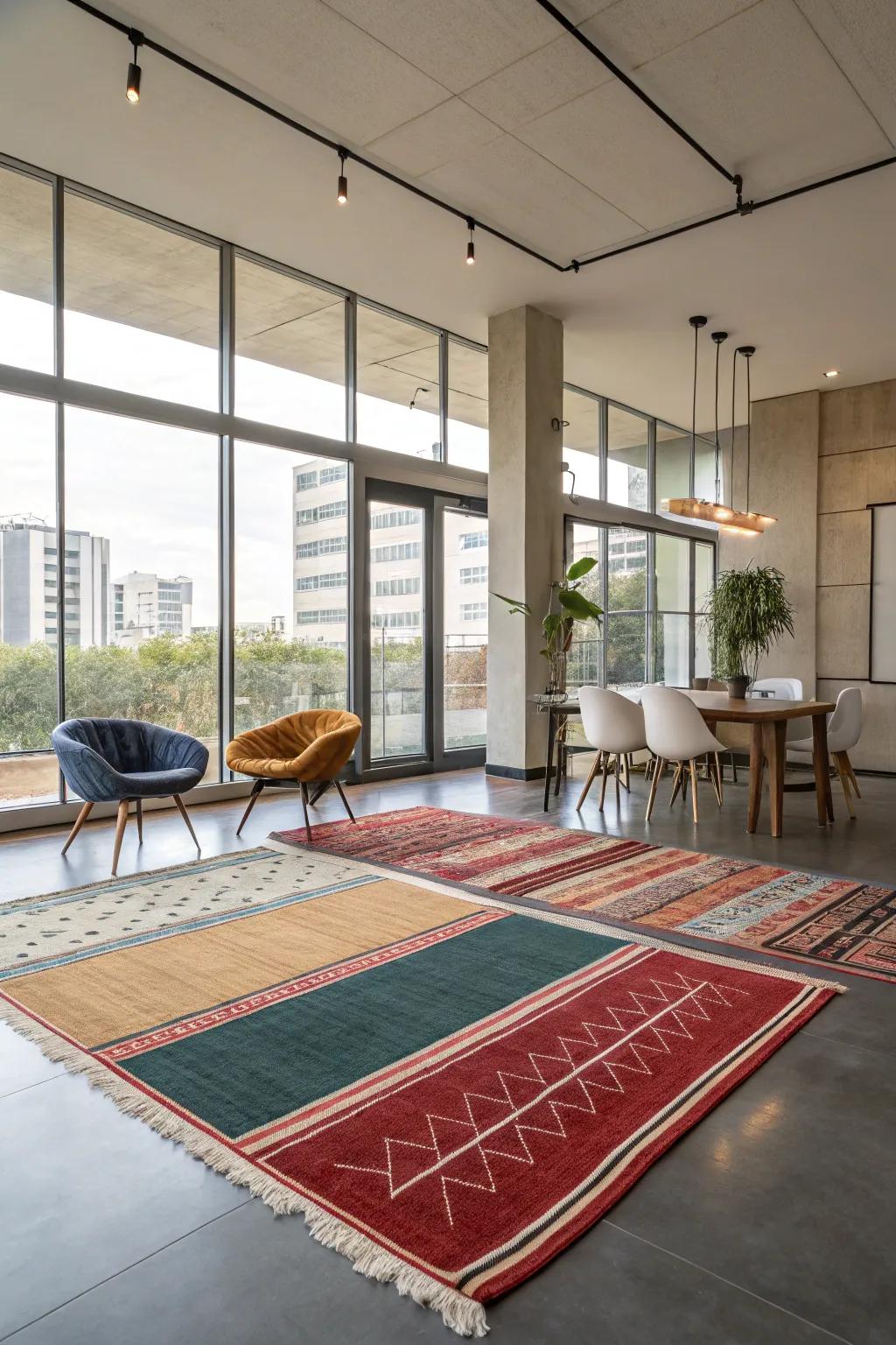 A modern interior using rugs to define zones in an open space.