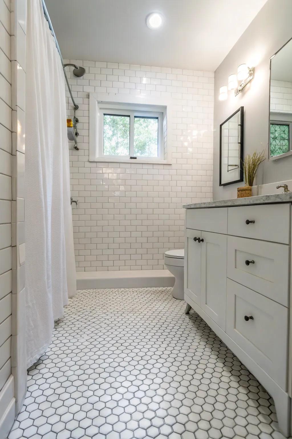 Penny tiles give classic appeal and texture to small rooms.