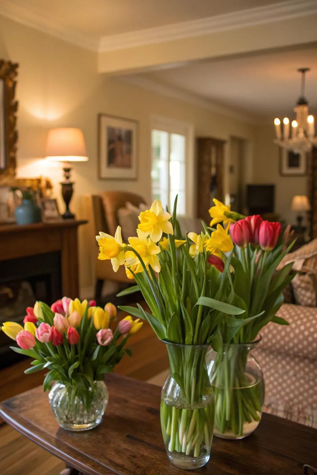 Freshly cut blossoms like tulips and daffodils bring vibrant shade and aroma.