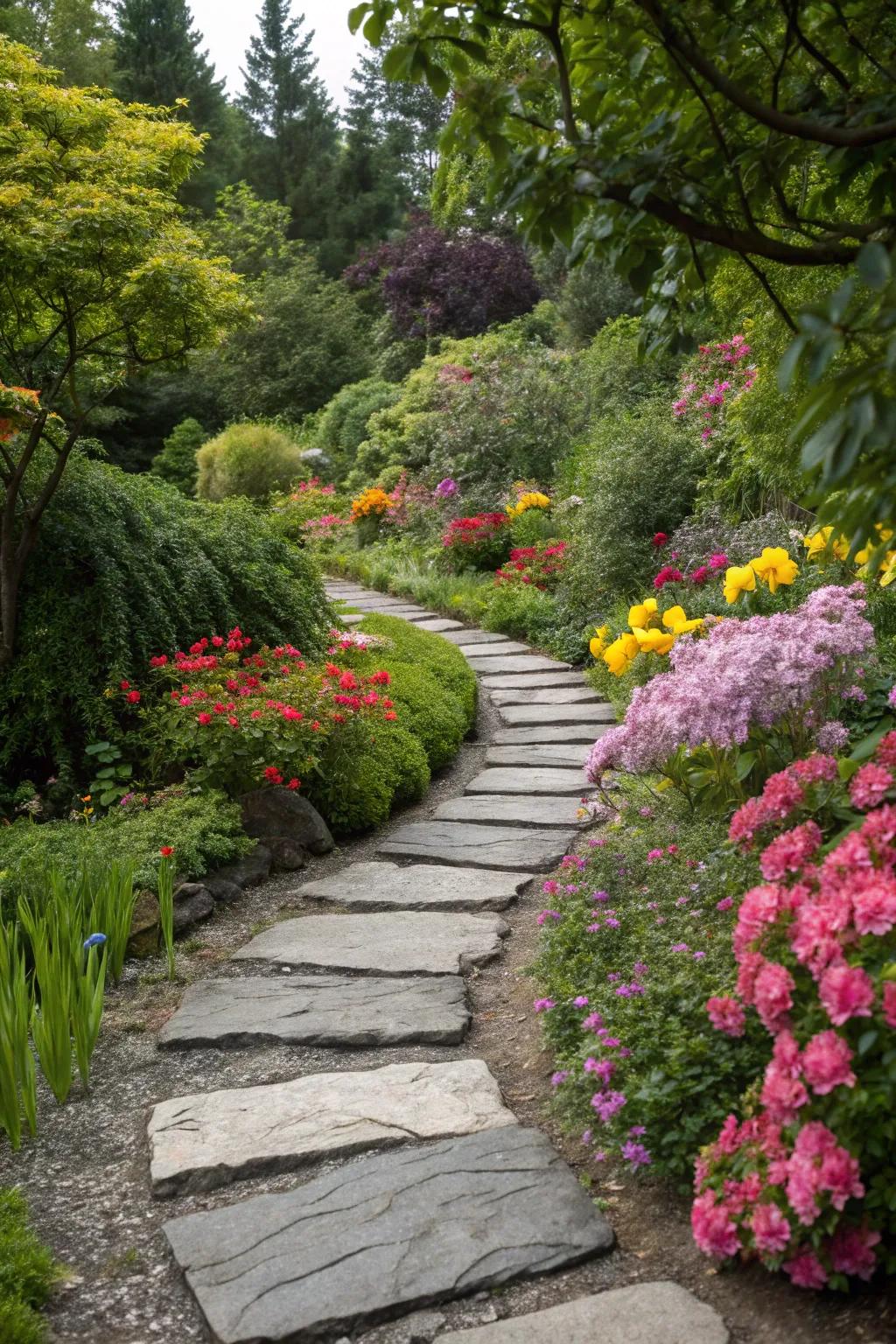 Dichromatic stone pathways fashion a striking and dynamic path.