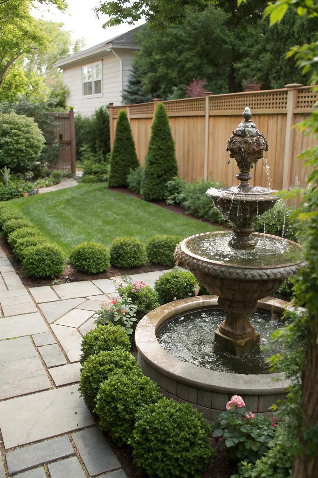 A water feature brings calming sounds and a hint of sophistication to the side garden.