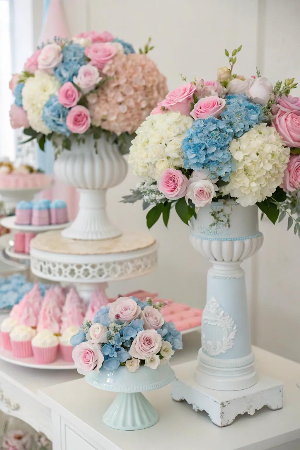 Sophisticated floral arrangements contribute elegance to the party.