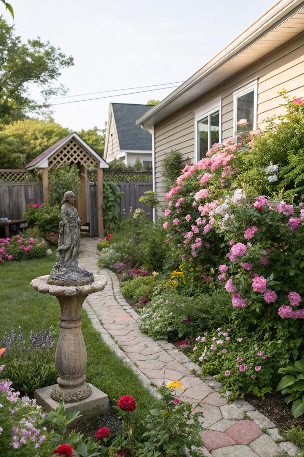 Artistic figurines inject personality and curiosity into your side garden.