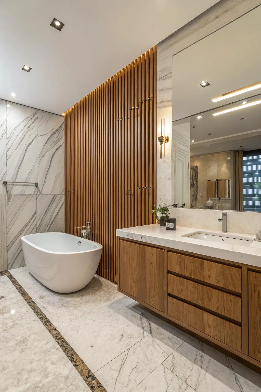 A bathroom converted into a spa-inspired retreat featuring a wood plank wall.