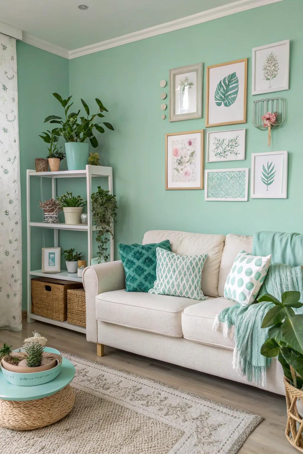 A mint-colored accent wall revitalizes the room's design.