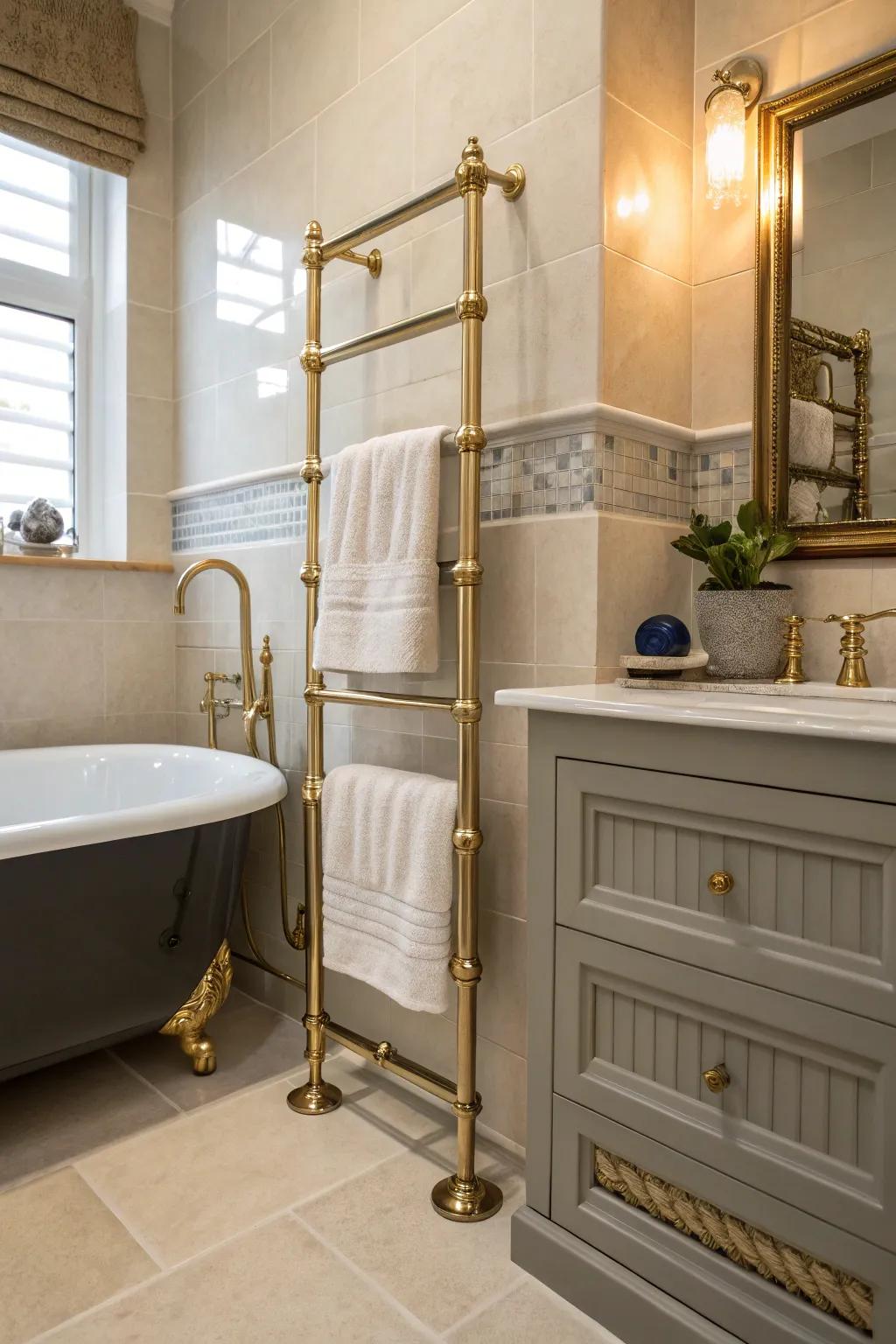 A lavish towel warmer introduces comfort and style.