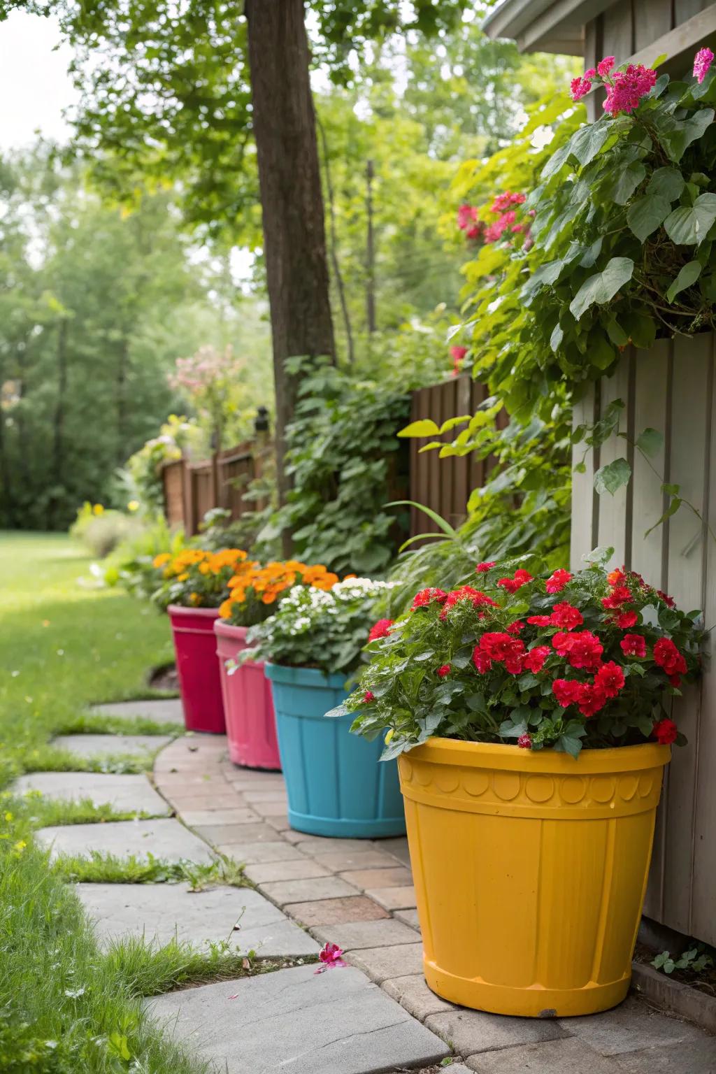 Radiant pots contribute vibrant color and individuality to any side garden.