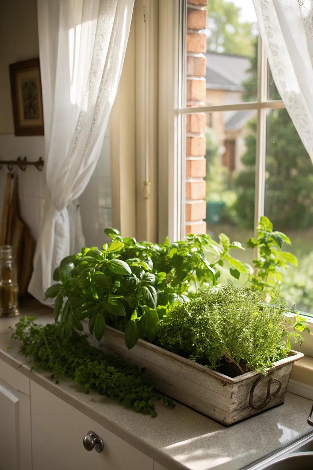 Fresh spices in a window box add aroma and greenery to the kitchen.