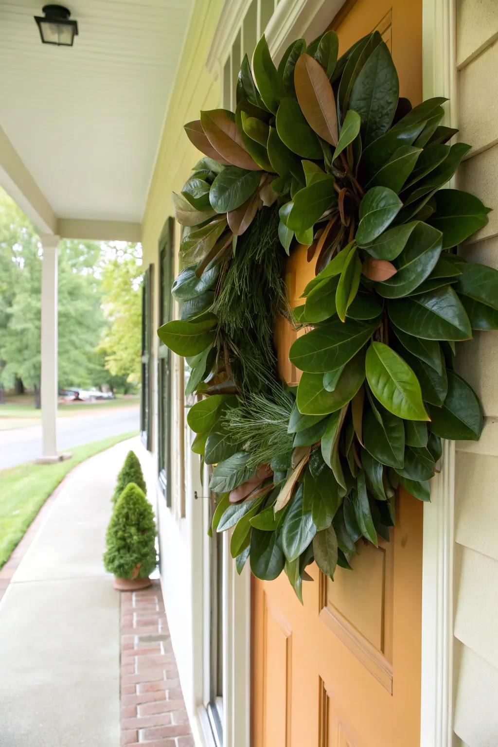 A grand foliage wreath adds elegance and timeless beauty.