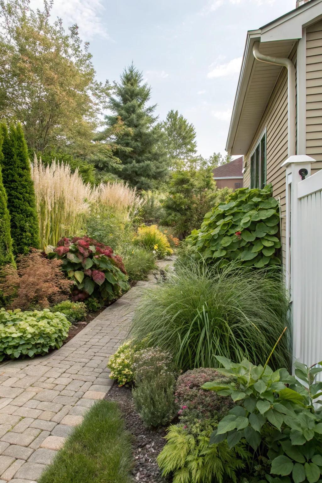 Staggered vegetation injects depth and appeal into narrow side gardens.