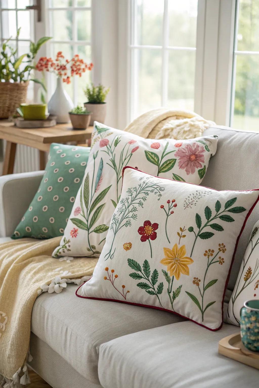 Seasonal decorative pillows with spring themes refresh the room's design.