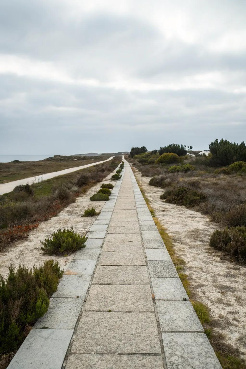 A sparse stone configuration offers a streamlined and modern path design.