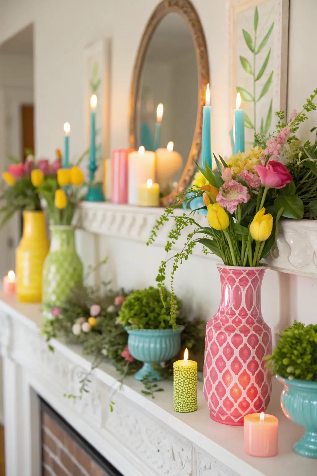 A spring mantel exhibit with various textures and elevations.
