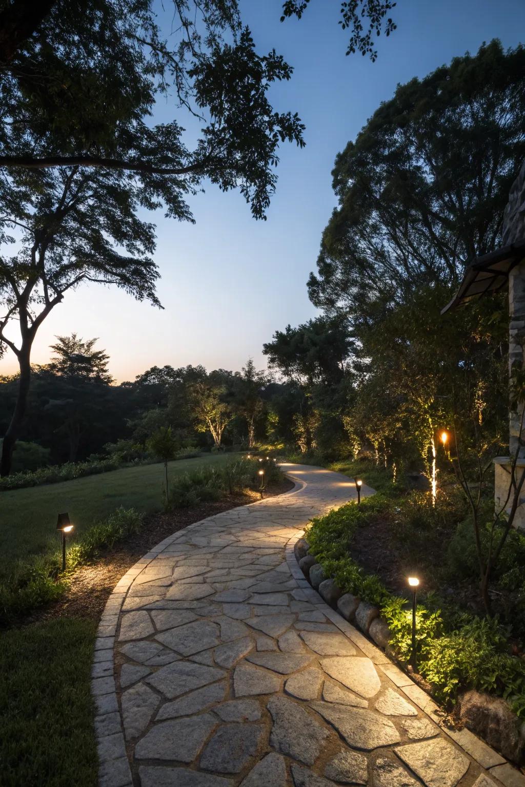 A slate path beautifully lit for amazing evening walks.