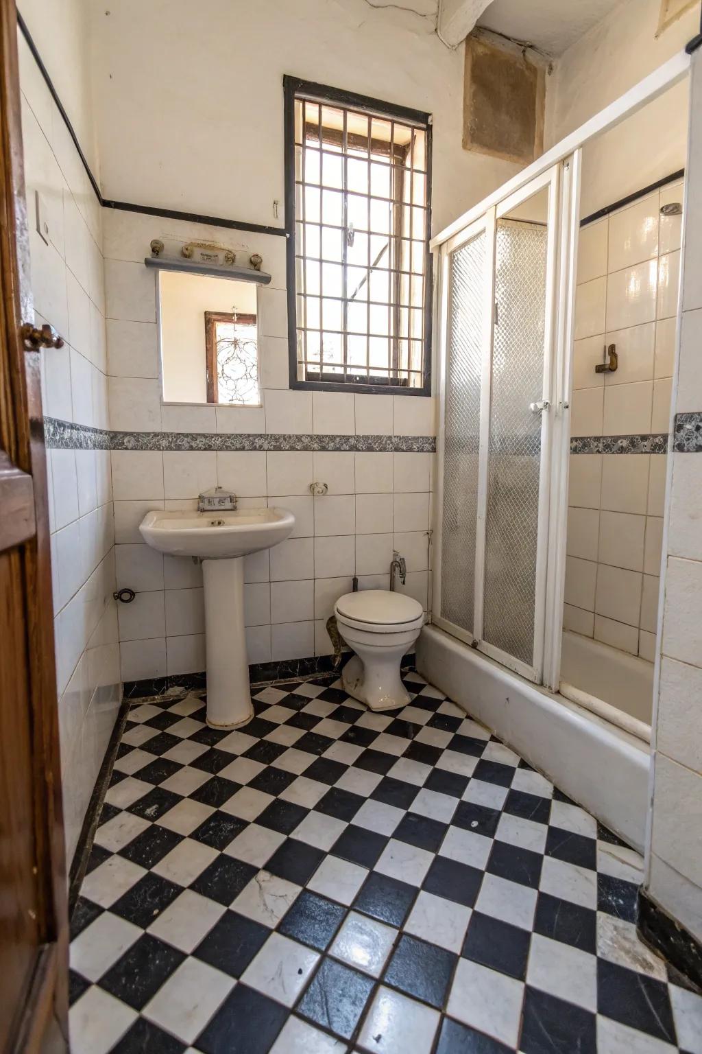 Black and white tiles offer ageless sophistication.