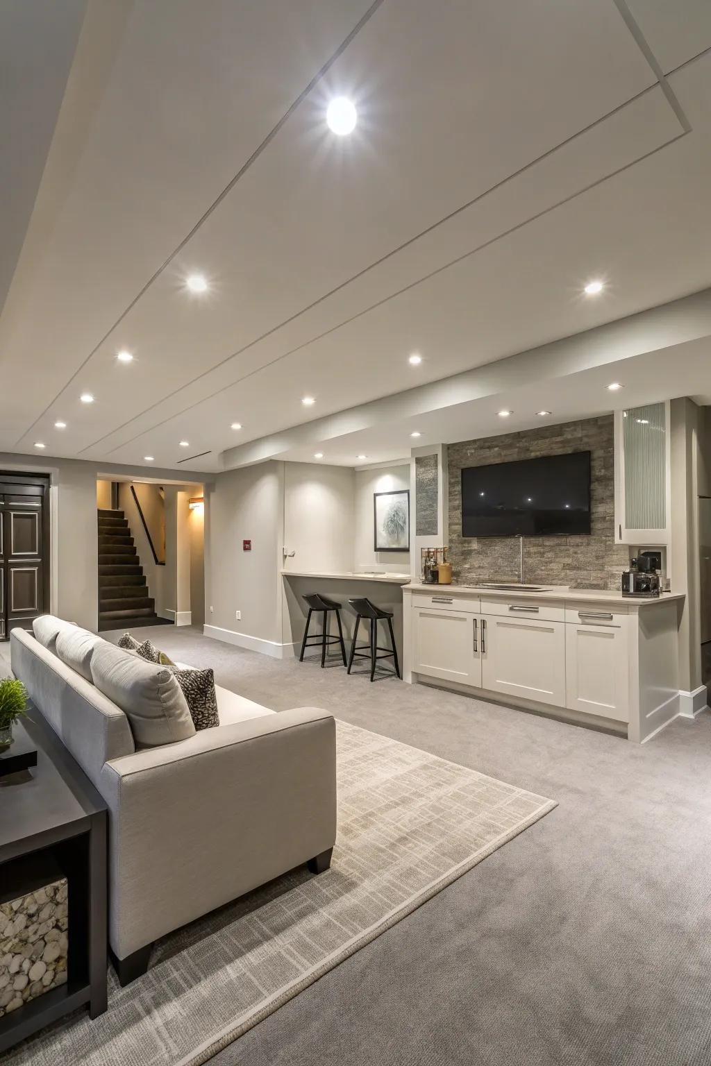 Embedded lighting ensures your basement remains spacious and well-lit.