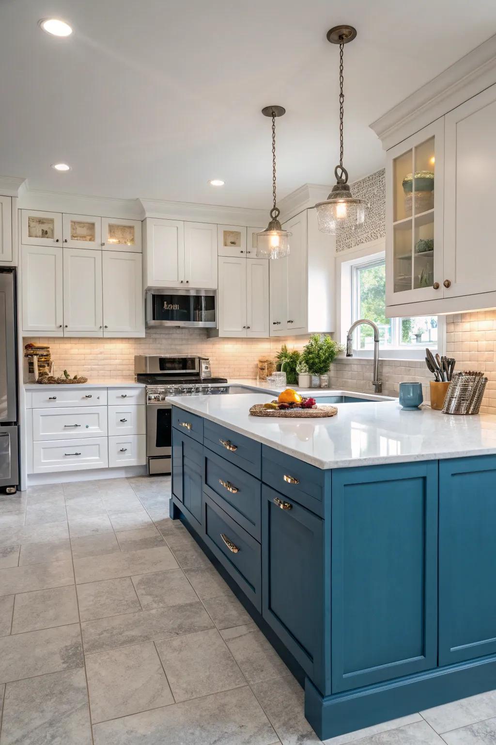 A revitalizing kitchen featuring dual-tone blue and white cabinetry.