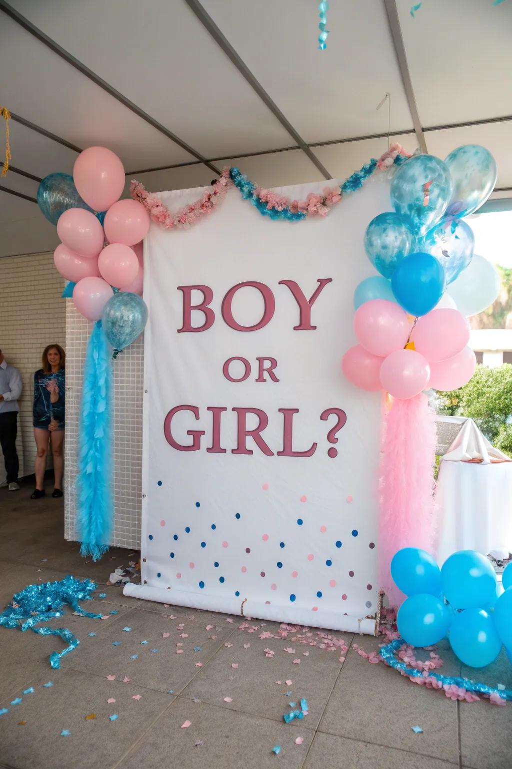 A themed backdrop playfully asks, 'Boy or Girl?'