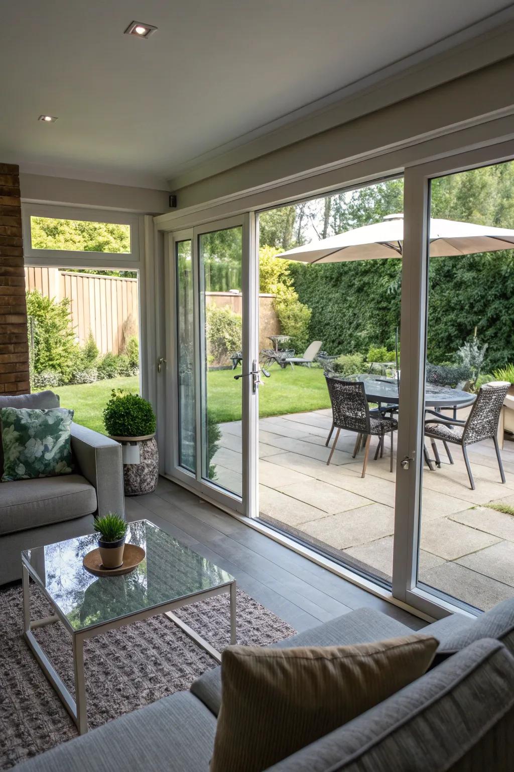 A flowing indoor-outdoor space featuring expansive sliding glass panels.