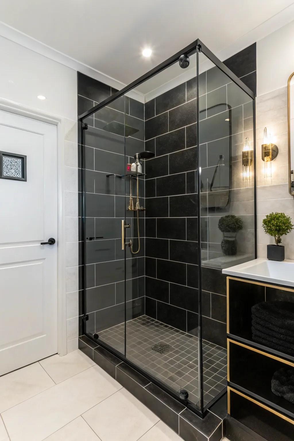 A contemporary shower featuring striking dark tiles and sleek hardware for a sensational visual.