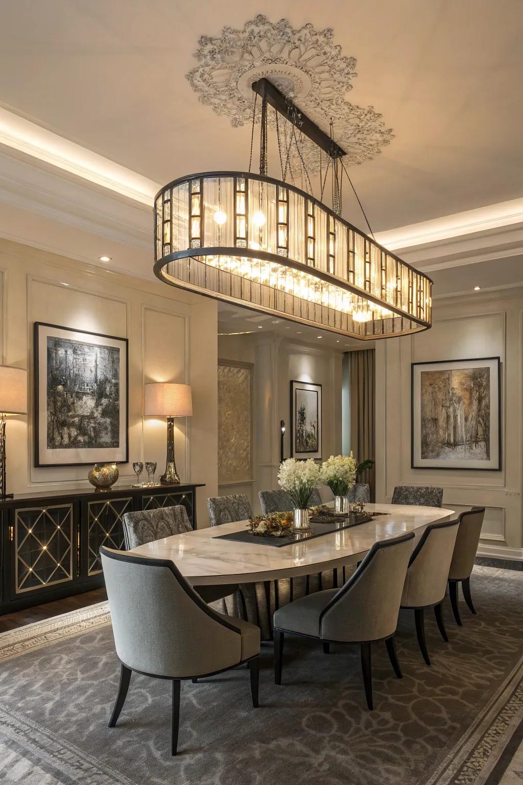 Statement lighting can enhance the overall dining atmosphere.