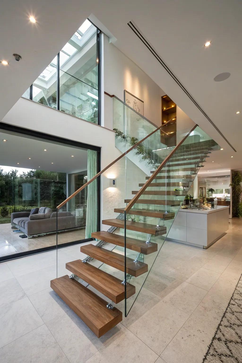 Floating steps provide an airy and open ambiance in this modern home.