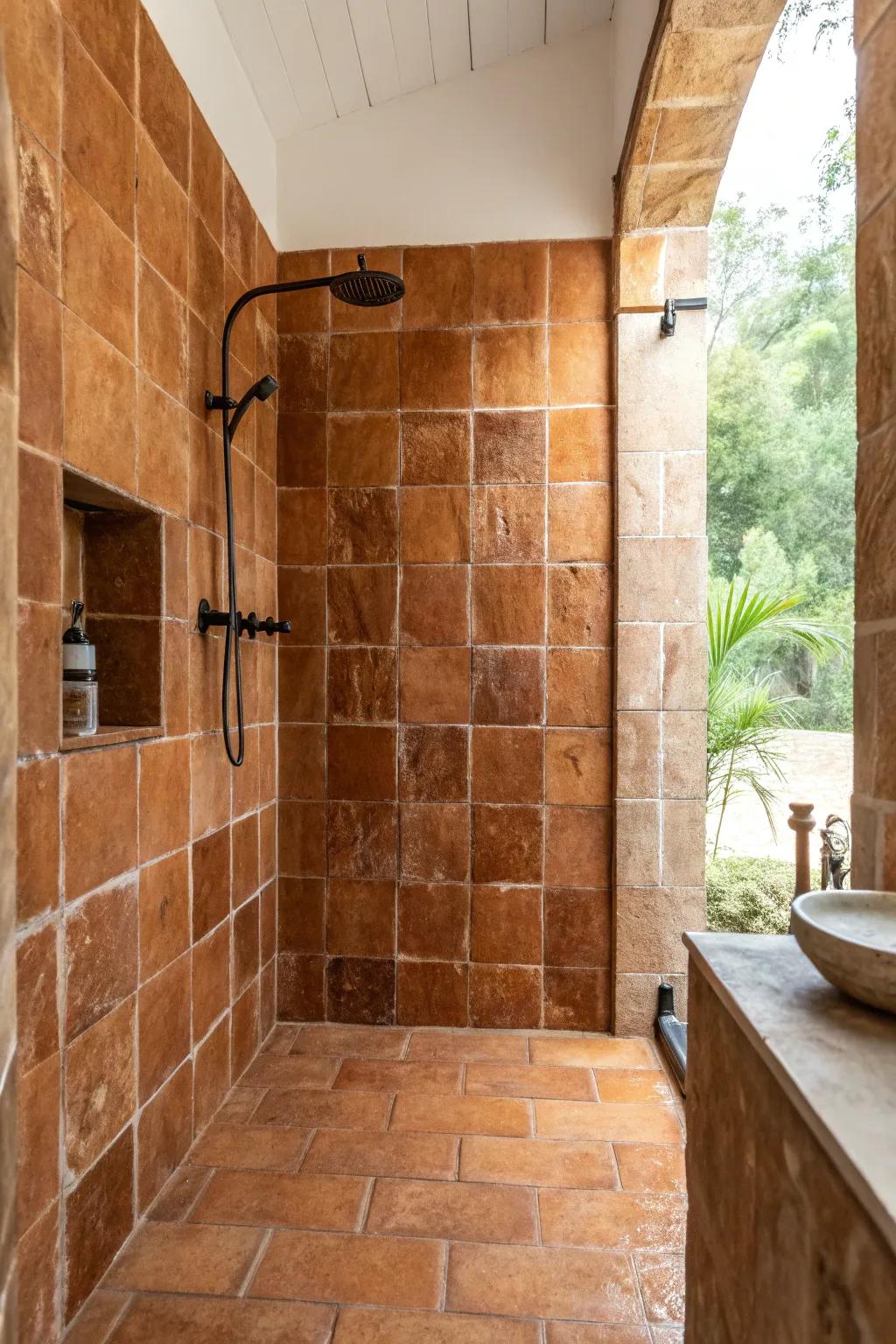 A shower featuring organic baked-clay stones for a warm, rustic feel.