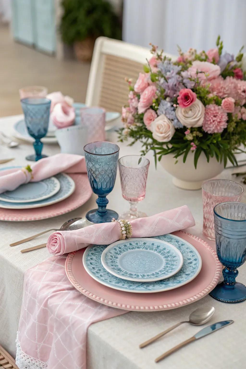 An exquisitely arranged tablescape subtly suggests the gender reveal.