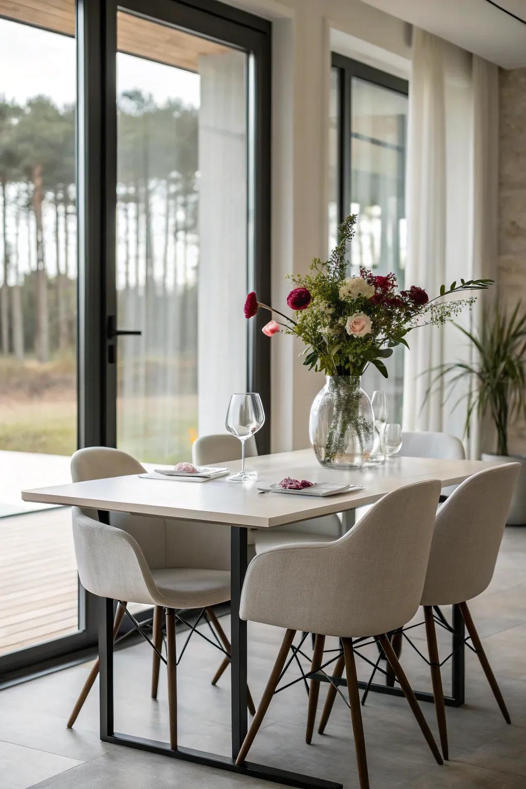 Minimalist furniture provides a refined and uncluttered dining room aesthetic.