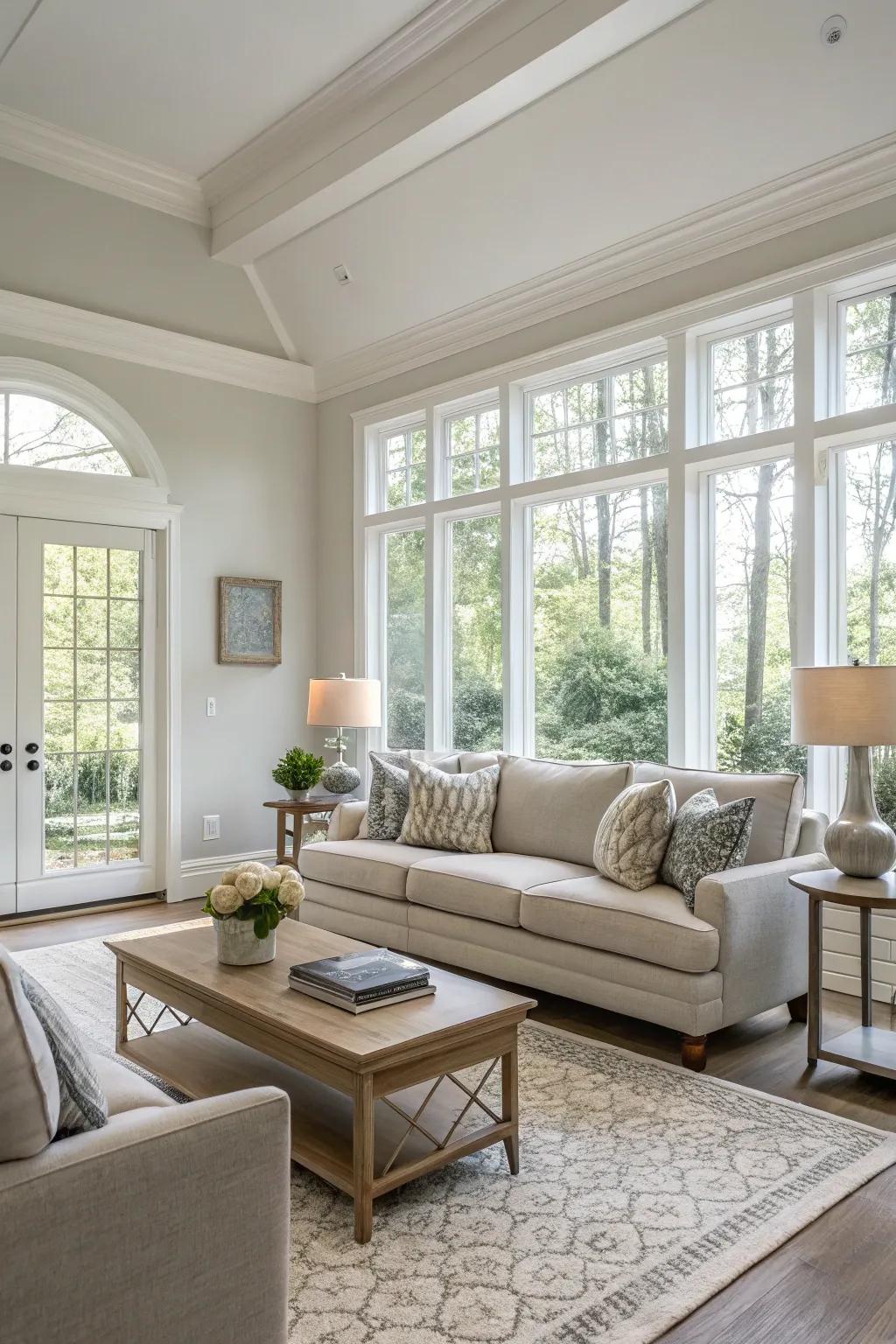 A modern living room showcasing a neutral color scheme.