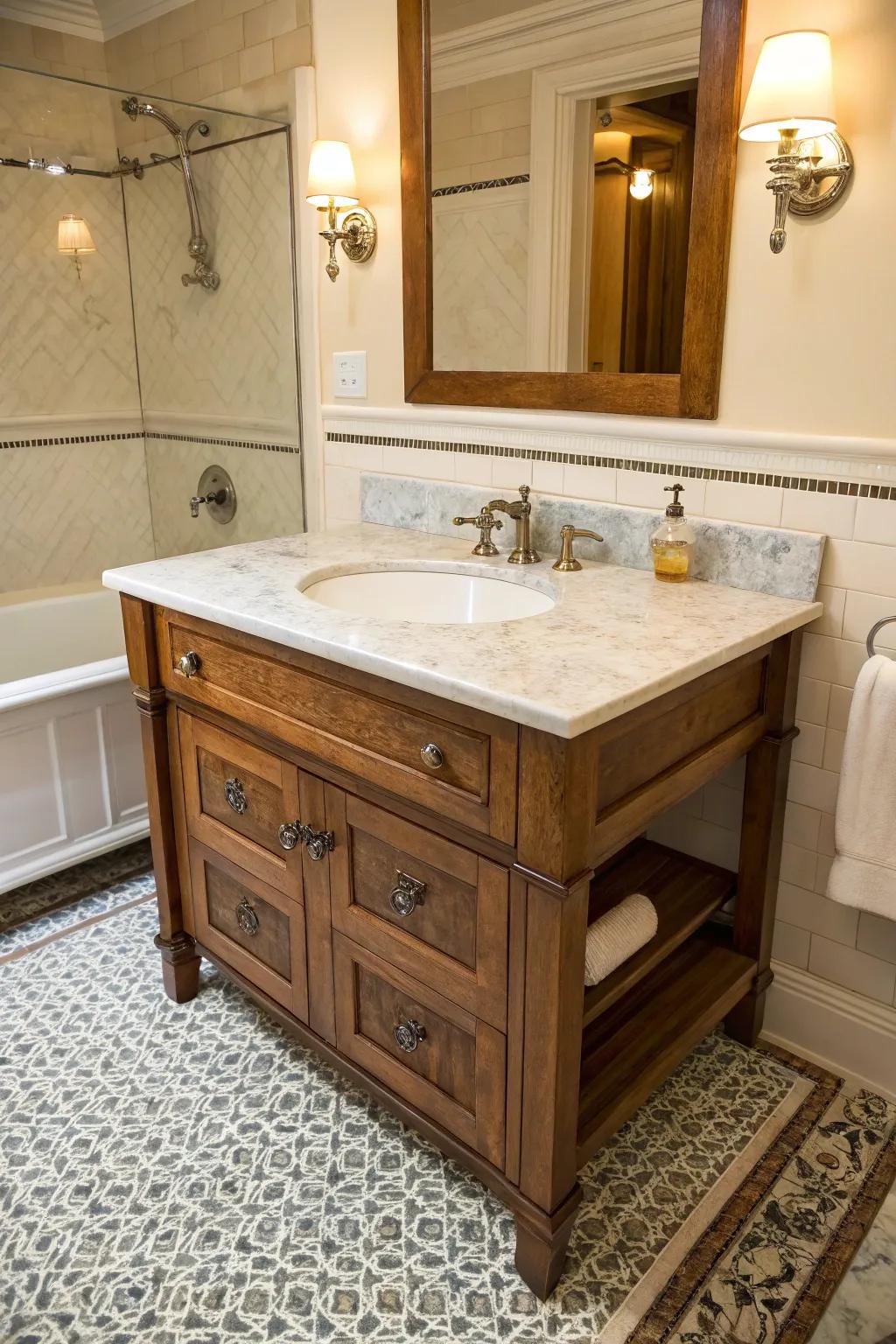 A traditional vanity unit featuring a marble countertop.