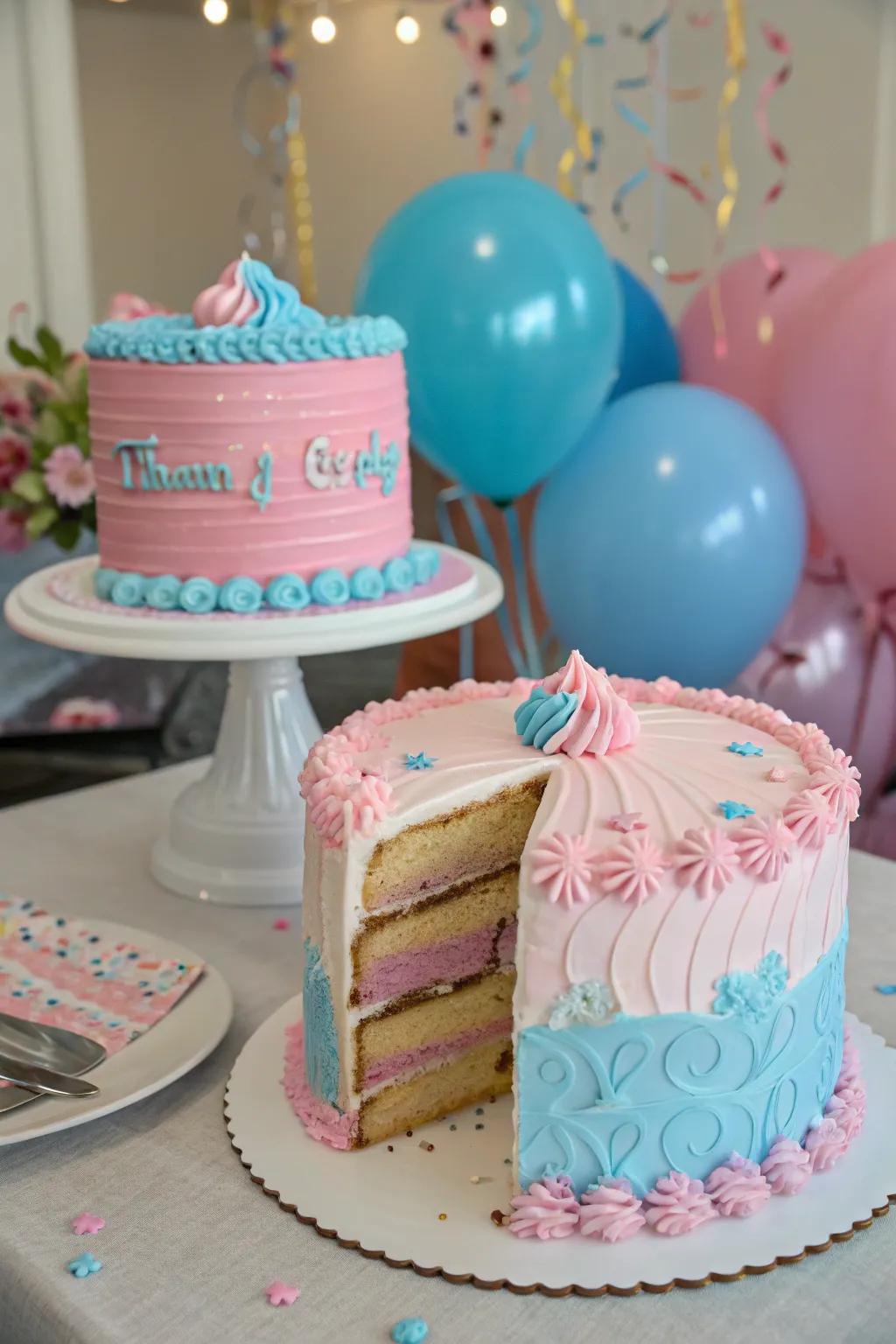 A striking gender reveal cake awaits to delight guests.