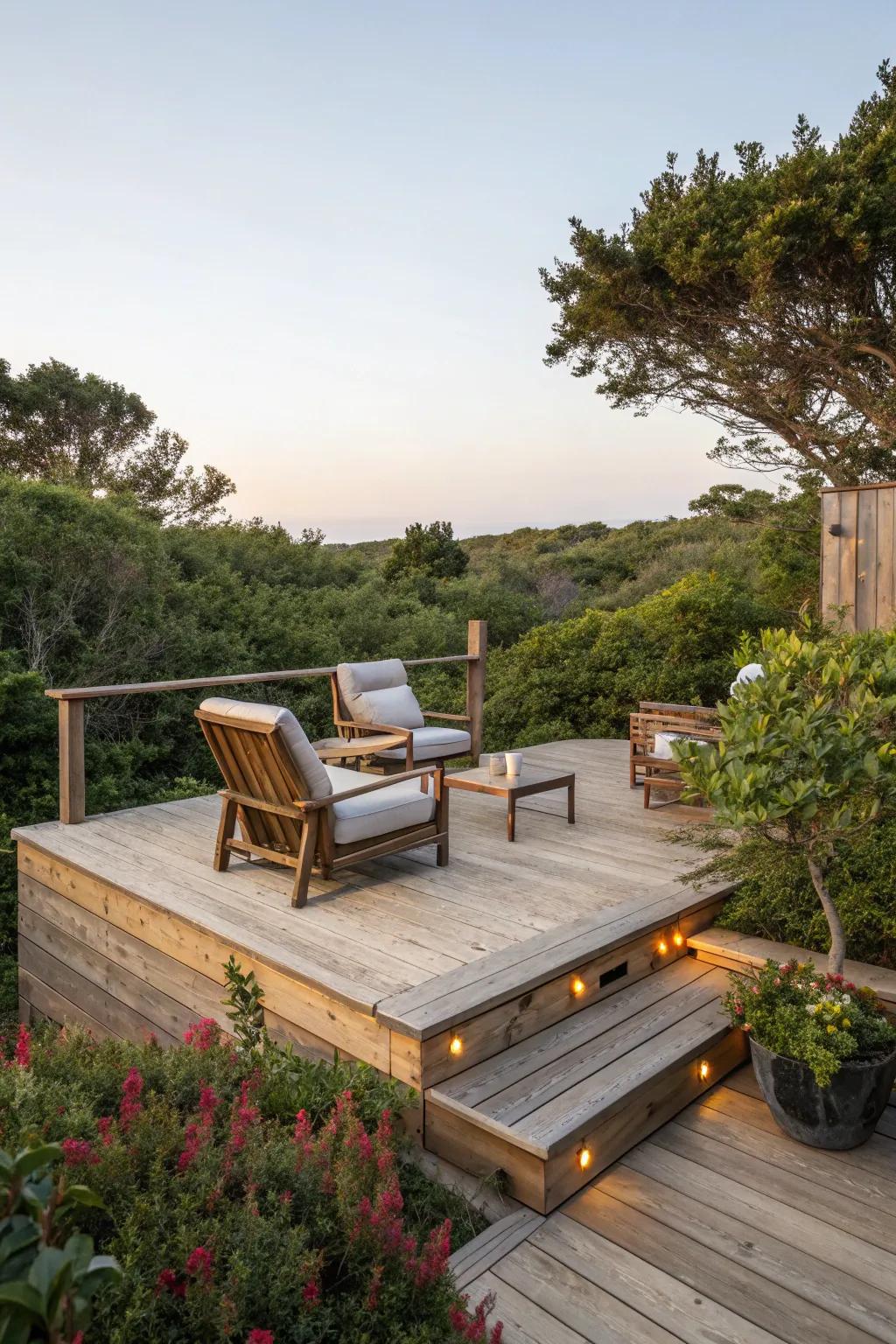 An elevated deck showcasing integrated wooden seating.