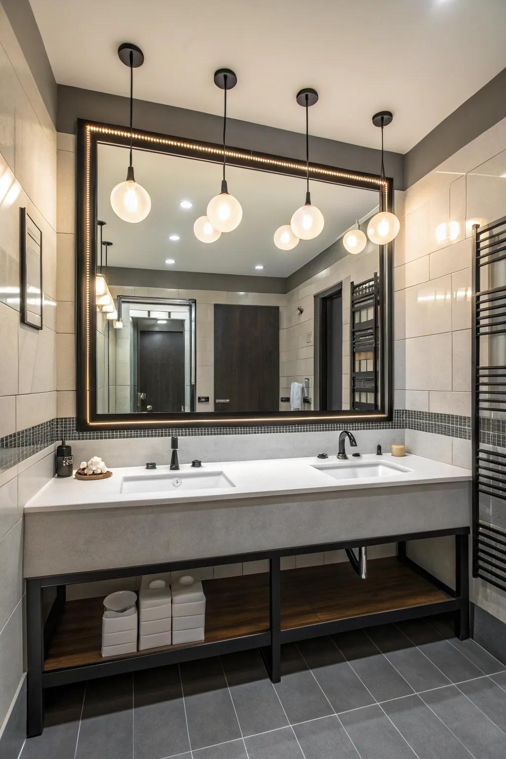 Bold fixtures featuring a large mirror and statement lighting.