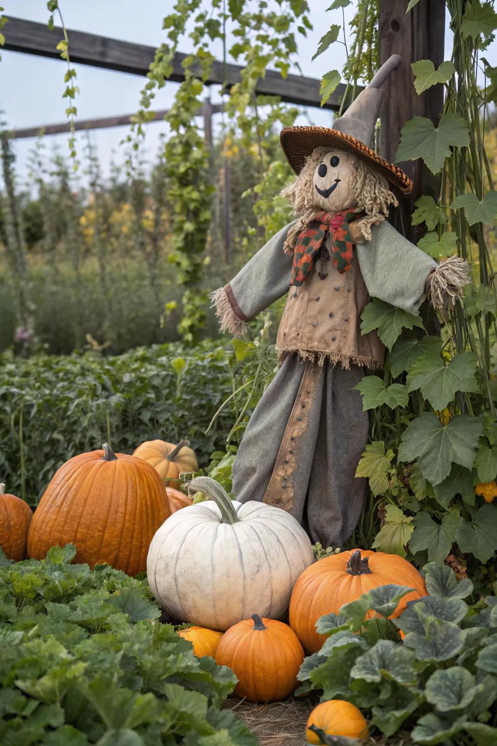 A straw figure nestled among round guards adds a whimsical touch.