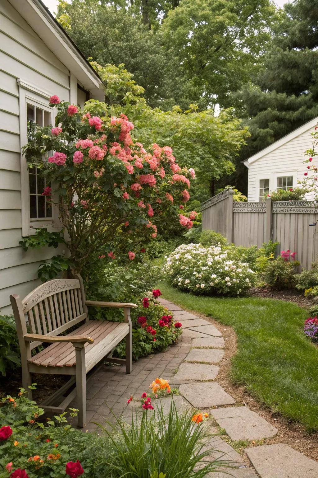A serene relaxation nook transforms the side garden into a personal sanctuary.