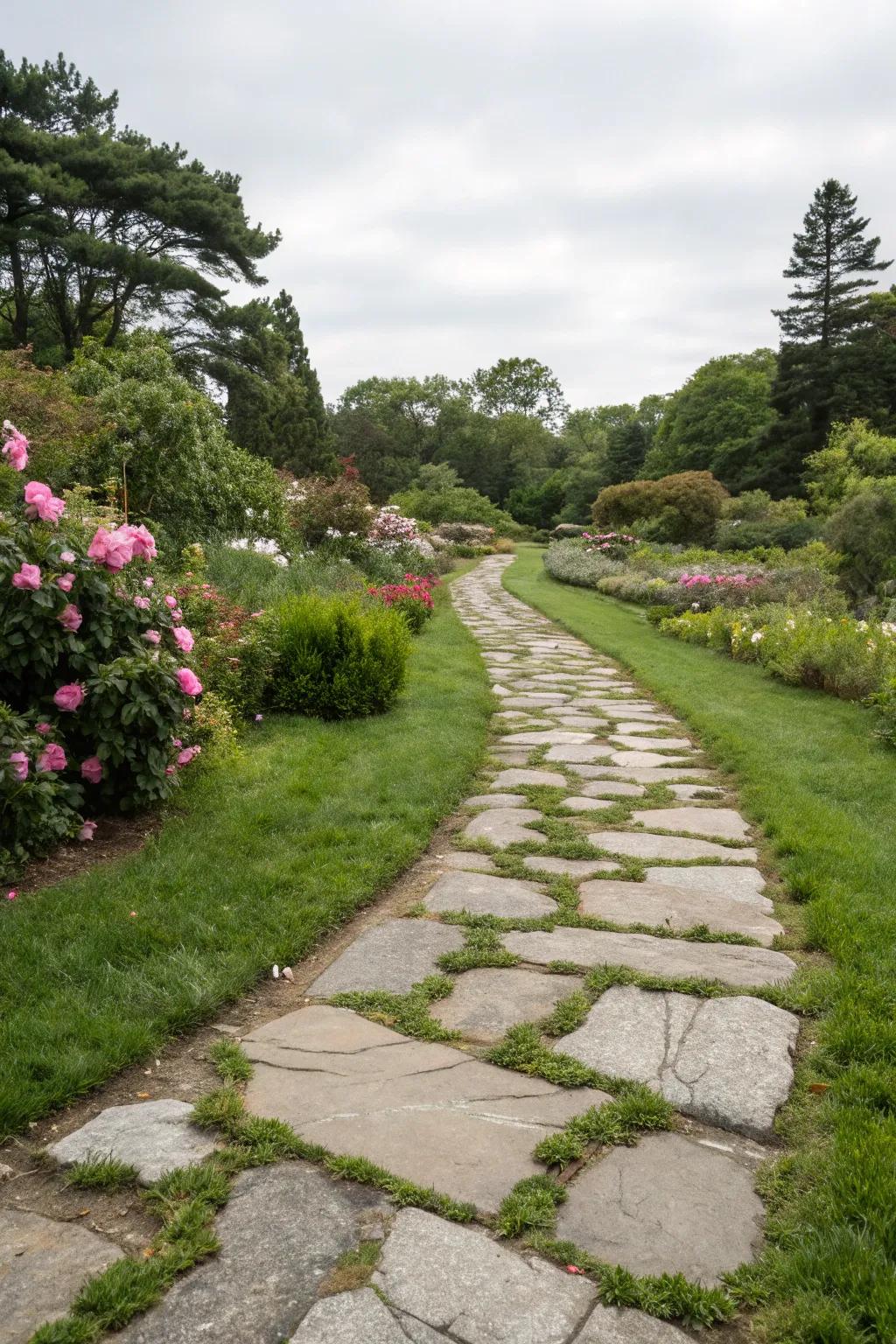 Grass between stones forges a harmonious mix of nature and design.