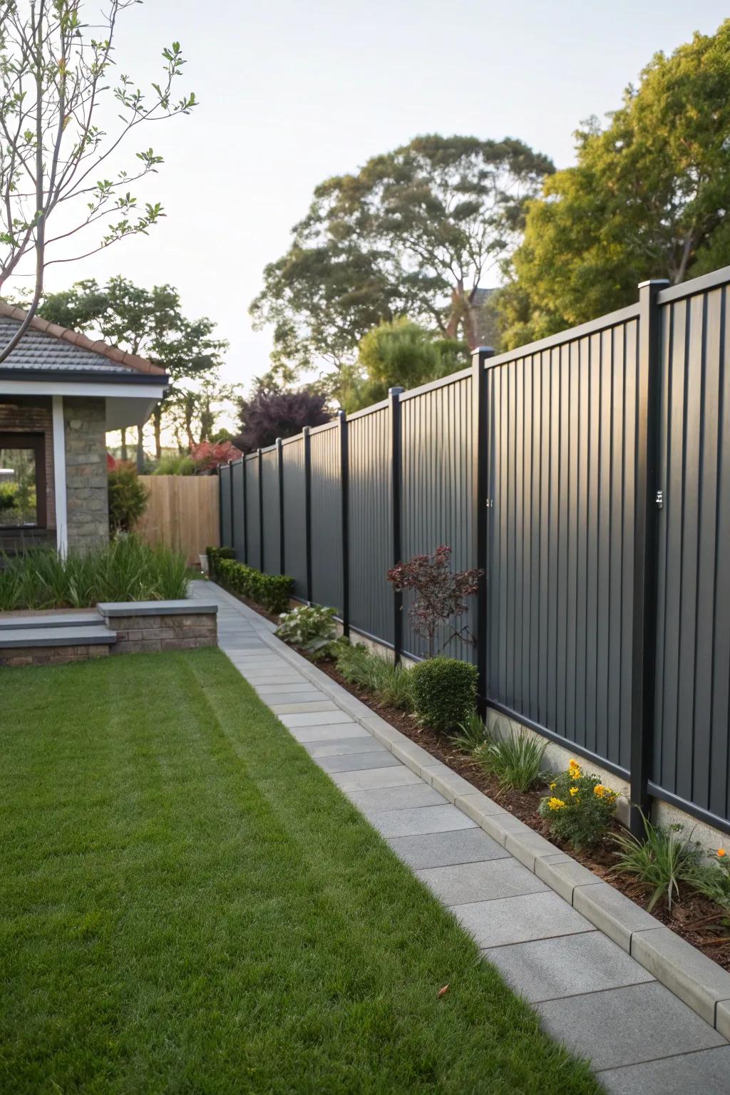 A modern metallic panel fence contributes urban sophistication to the backyard.