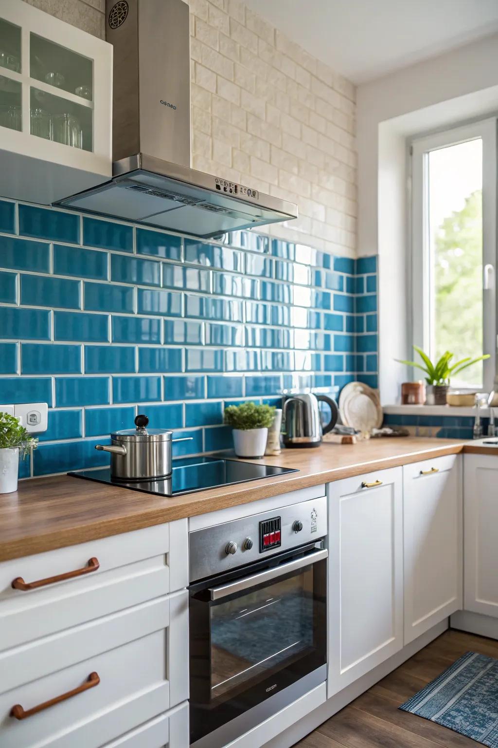 A vibrant blue backsplash infuses character into this kitchen.